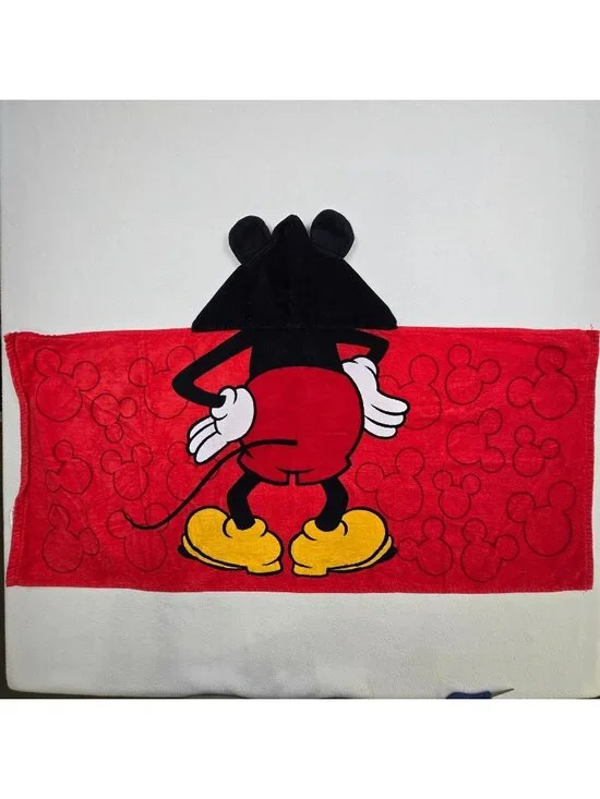 Disney Kids Hooded Towel Red Black Mickey Mouse Cotton Wrap With Ears Bath Beach - Picture 1 of 5